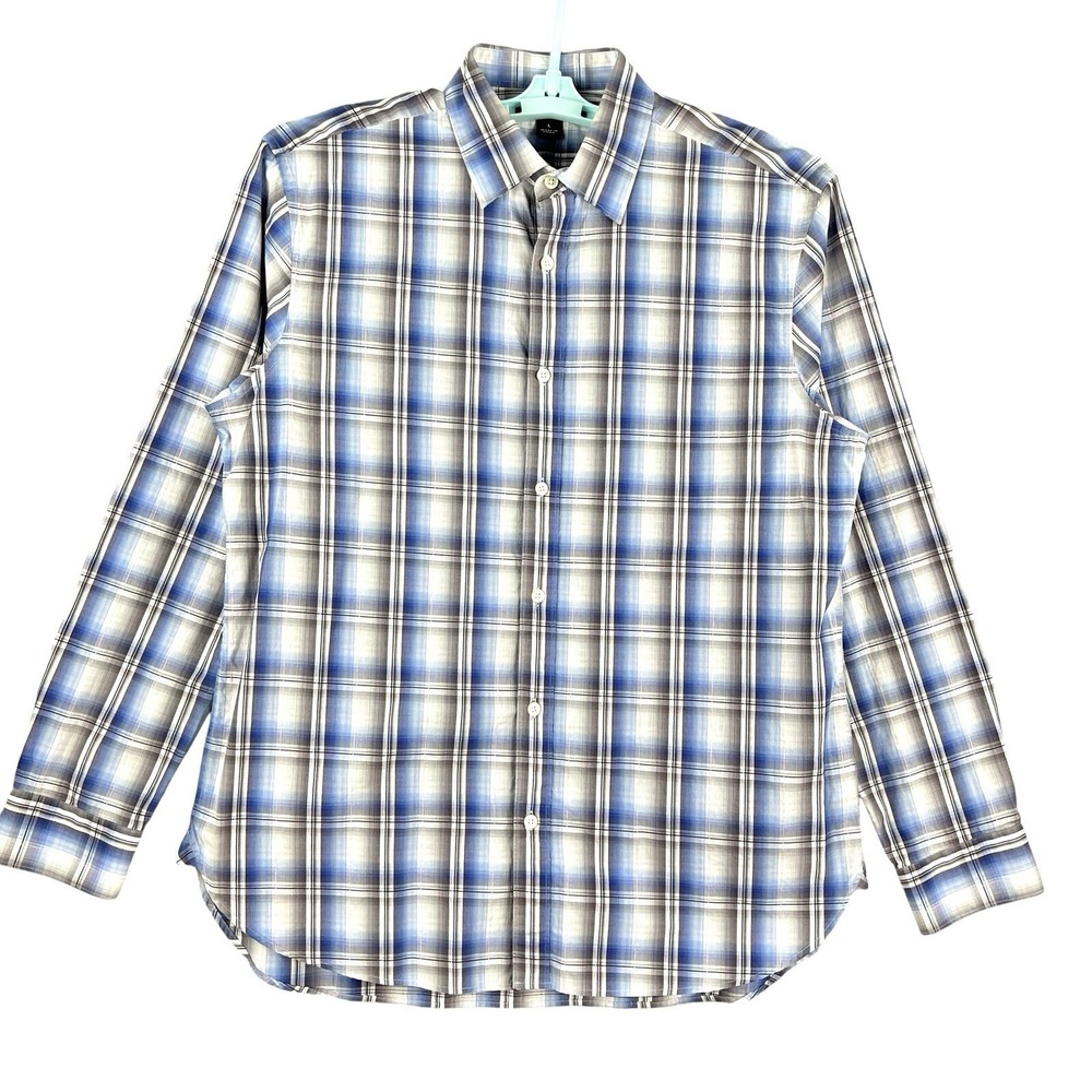 Michael Kors Men's Blue Grey Plaid Shirt Size L Regular Fit Long-Sleeve Cotton